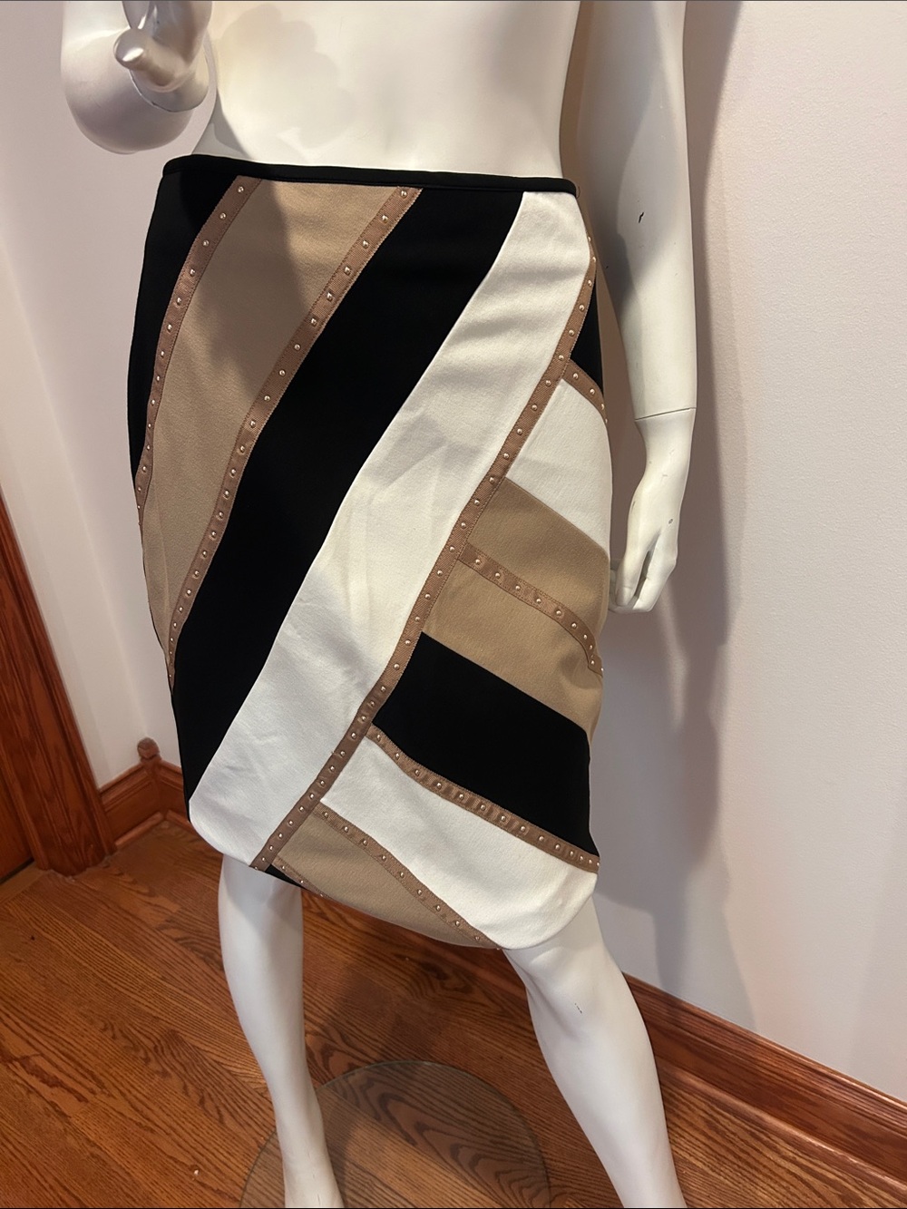 White House Black Market Black, White & Tan Diagonal Panel Pencil Skirt